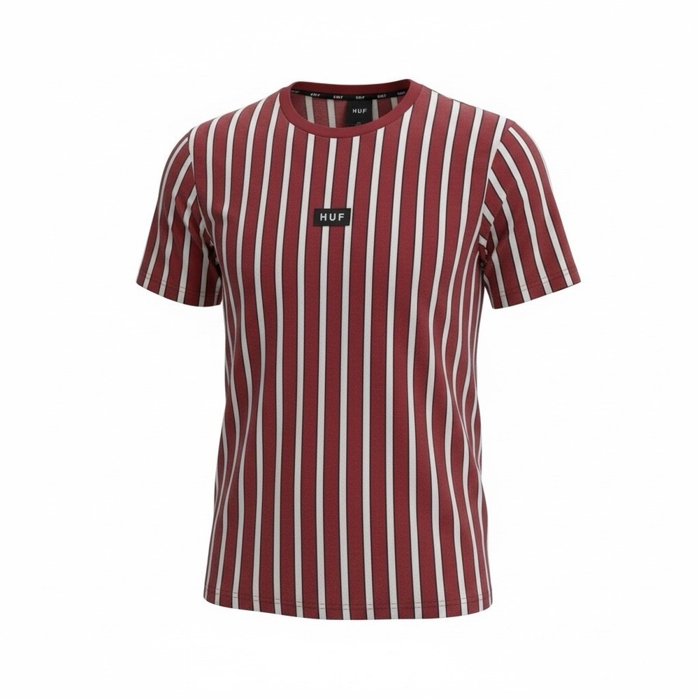 HUF Men Shirt Large Red Striped Logo Embroidered Crew Neck Short Sleeve Skater